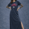 Vestido largo gris oscuro para mujer con estampado Santa Paciencia y detalles animal print en encaje y mangas