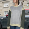 Sudadera tricolor gris con mangas verdes y detalles beige, estilo casual, combinada con jeans en entorno urbano.