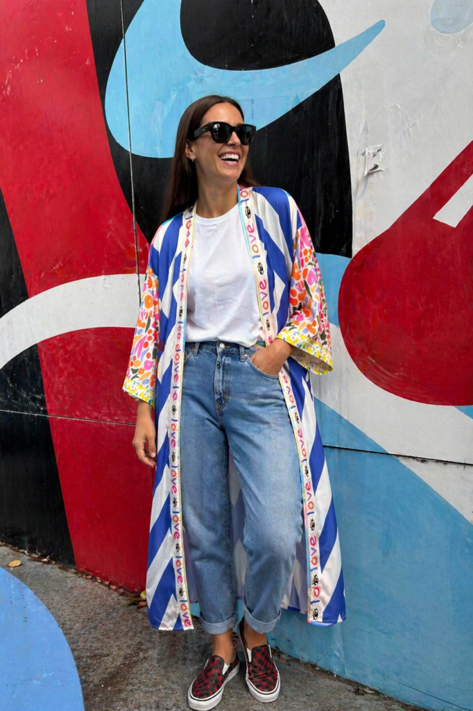 Kimono largo estampado multicolor para mujer con diseño boho chic, mangas estampadas y corte fluido combinado con vaqueros.