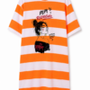 Vestido camisero a rayas naranjas maxi con un diseño frontal de la propia marca estilo foto producto